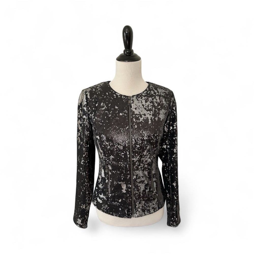 G.I.L.I. Black and Silver Sequin Bomber Jacket QVC Sz 4 New